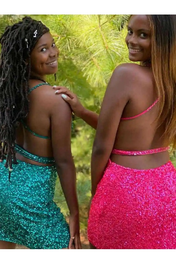 Sheath V-Neck Velvet Sequins Short Dark Green Velvet Sequin Prom Dress Barrie