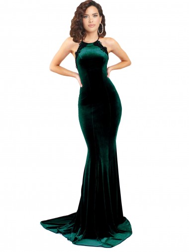 Mermaid High Neck Stretch Velvet Sweep Train Dark Green Formal Evening Gown / Prom Dress / Bridesmaid Dress Barrie