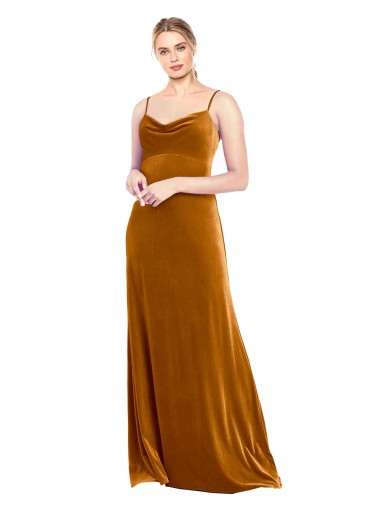 A-Line Cowl Neck Stretch Velvet Long Gold Prom Dress / Bridesmaid Dress Barrie