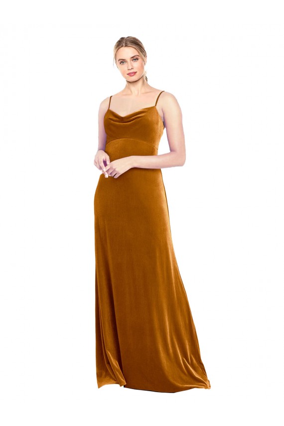 A-Line Cowl Neck Stretch Velvet Long Gold Prom Dress / Bridesmaid Dress Barrie