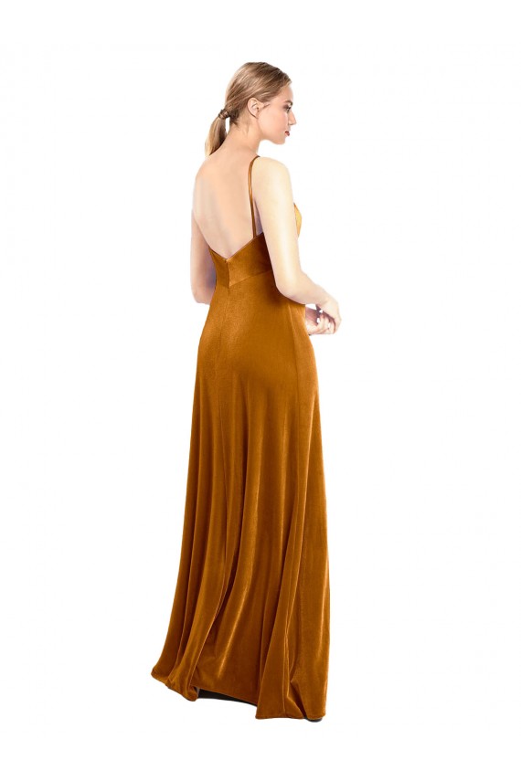 A-Line Cowl Neck Stretch Velvet Long Gold Prom Dress / Bridesmaid Dress Barrie