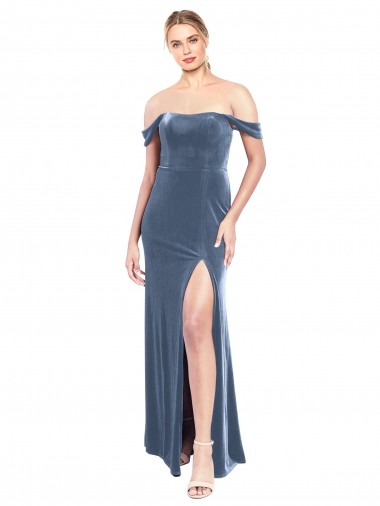 A-Line Strapless Stretch Velvet Long Dusty Blue Prom Dress / Bridesmaid Dress Barrie