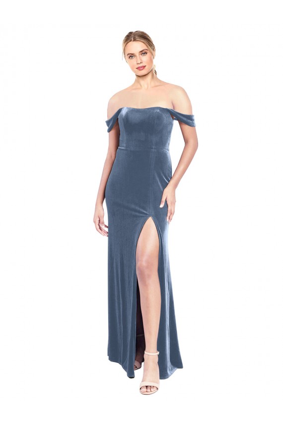 A-Line Strapless Stretch Velvet Long Dusty Blue Prom Dress / Bridesmaid Dress Barrie