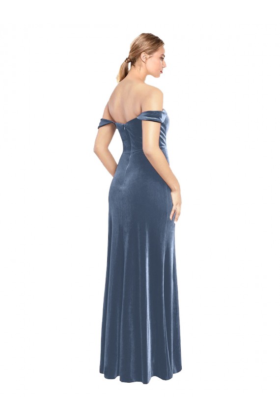 A-Line Strapless Stretch Velvet Long Dusty Blue Prom Dress / Bridesmaid Dress Barrie