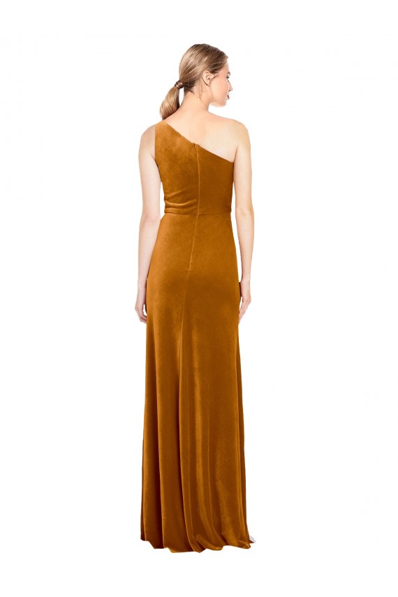 A-Line One Shoulder Stretch Velvet Long Gold Formal Evening Gown / Prom Dress / Bridesmaid Dress Barrie