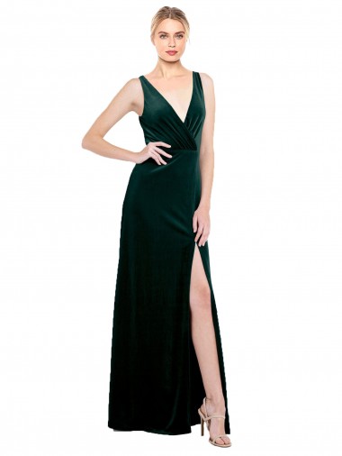 A-Line V-Neck Stretch Velvet Long Dark Green Black Tie Evening Gown / Prom Dress / Bridesmaid Dress Barrie