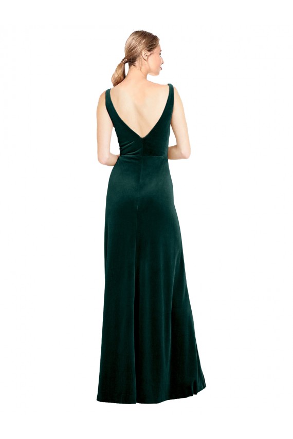A-Line V-Neck Stretch Velvet Long Dark Green Black Tie Evening Gown / Prom Dress / Bridesmaid Dress Barrie