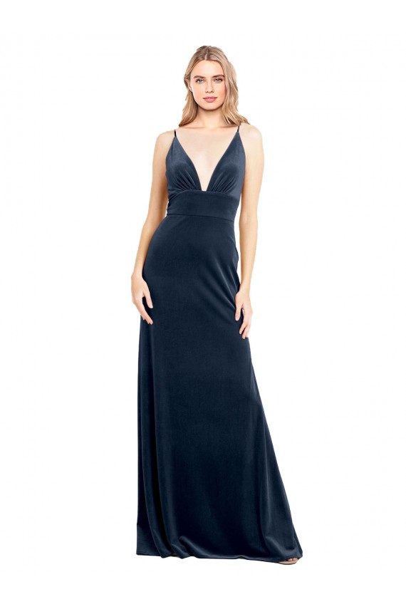 A-Line V-Neck Stretch Velvet Long Dark Navy Prom Dress / Bridesmaid Dress Barrie