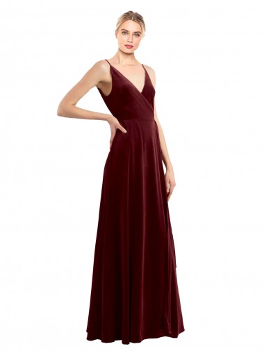 A-Line V-Neck Stretch Velvet Long Burgundy Bridesmaid Dress / Evening Dress Barrie