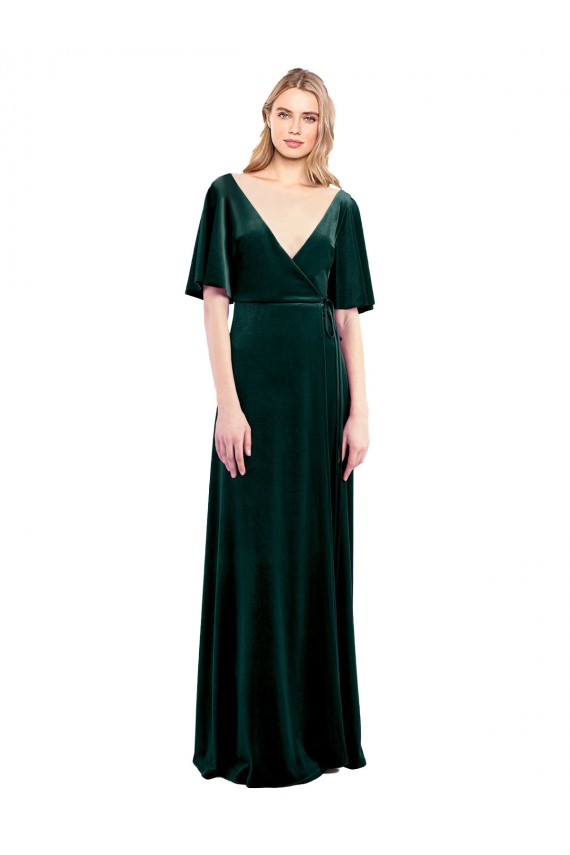 A-Line V-Neck Stretch Velvet Long Dark Green Prom Dress / Bridesmaid Dress Barrie
