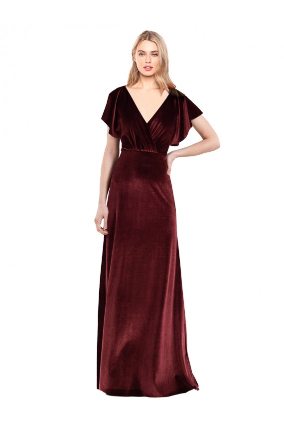 A-Line V-Neck Stretch Velvet Long Burgundy Prom Dress / Bridesmaid Dress Barrie
