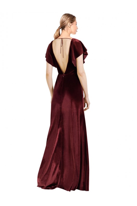 A-Line V-Neck Stretch Velvet Long Burgundy Prom Dress / Bridesmaid Dress Barrie