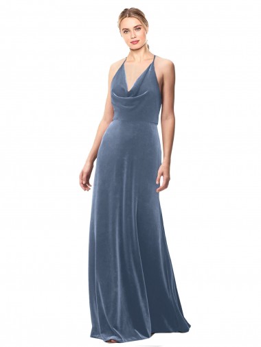 A-Line Cowl Neck Stretch Velvet Long Dusty Blue Prom Dress / Bridesmaid Dress Barrie
