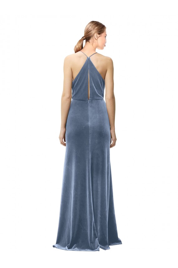 A-Line Cowl Neck Stretch Velvet Long Dusty Blue Prom Dress / Bridesmaid Dress Barrie