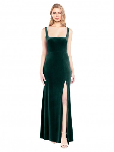 A-Line Square Neck Stretch Velvet Long Dark Green Prom Dress / Bridesmaid Dress Barrie