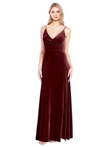A-Line V-Neck Stretch Velvet Long Burgundy Black Tie Prom Dress / Bridesmaid Dress Barrie