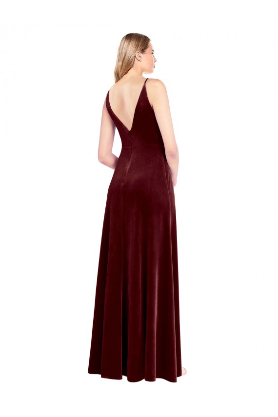 A-Line V-Neck Stretch Velvet Long Burgundy Black Tie Prom Dress / Bridesmaid Dress Barrie