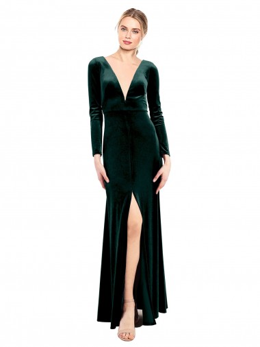 A-Line V-Neck Stretch Velvet Long Dark Green Black Tie Prom Dress / Bridesmaid Dress Barrie