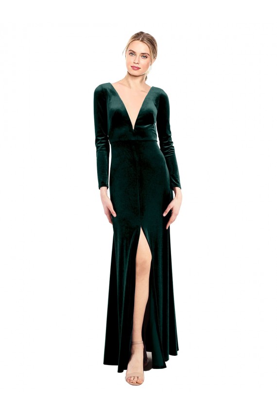 A-Line V-Neck Stretch Velvet Long Dark Green Black Tie Prom Dress / Bridesmaid Dress Barrie