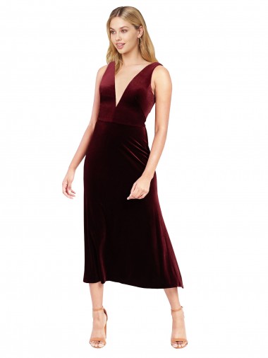 A-Line V-Neck Stretch Velvet Midi Length Burgundy Prom Dress / Bridesmaid Dress Barrie