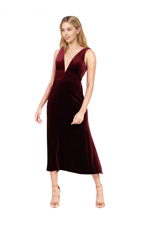 A-Line V-Neck Stretch Velvet Midi Length Burgundy Prom Dress / Bridesmaid Dress Barrie