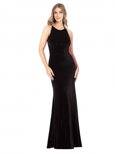 Sheath Jewel Neck Stretch Velvet Long Black Formal Evening Gown / Prom Dress / Bridesmaid Dress Barrie