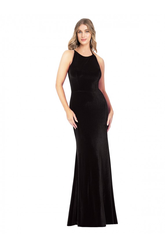 Sheath Jewel Neck Stretch Velvet Long Black Formal Evening Gown / Prom Dress / Bridesmaid Dress Barrie