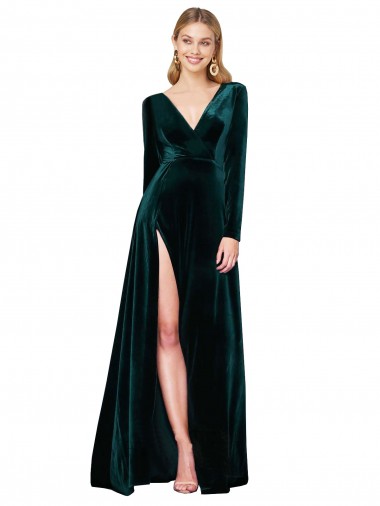 A-Line V-Neck Stretch Velvet Sweep Train Dark Green Black Tie Evening Gown / Prom Dress / Bridesmaid Dress Barrie