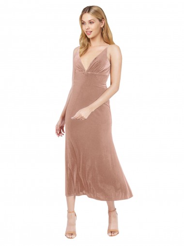 A-Line V-Neck Stretch Velvet Midi Length Pink Prom Dress / Bridesmaid Dress Barrie