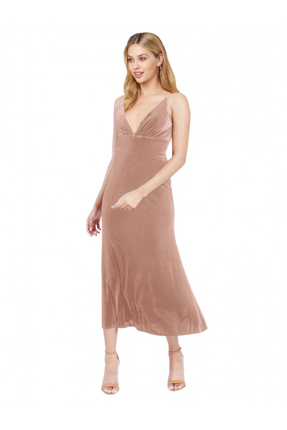 A-Line V-Neck Stretch Velvet Midi Length Pink Prom Dress / Bridesmaid Dress Barrie