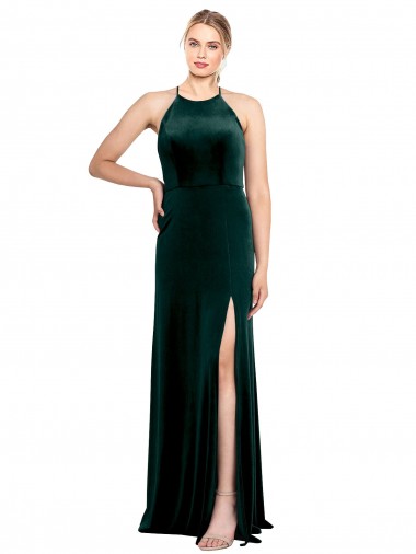 A-Line Jewel Neck Stretch Velvet Long Dark Green Prom Dress / Bridesmaid Dress Barrie