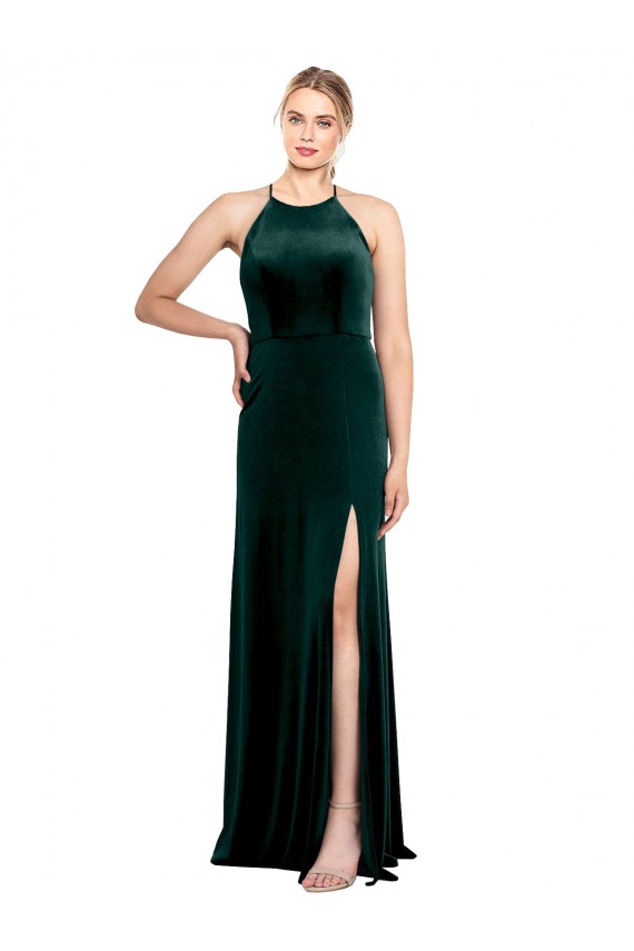A-Line Jewel Neck Stretch Velvet Long Dark Green Prom Dress / Bridesmaid Dress Barrie