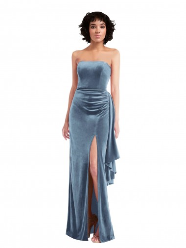 Sheath Strapless Stretch Velvet Long Dusty Blue Formal Evening Gown / Prom Dress / Bridesmaid Dress Barrie