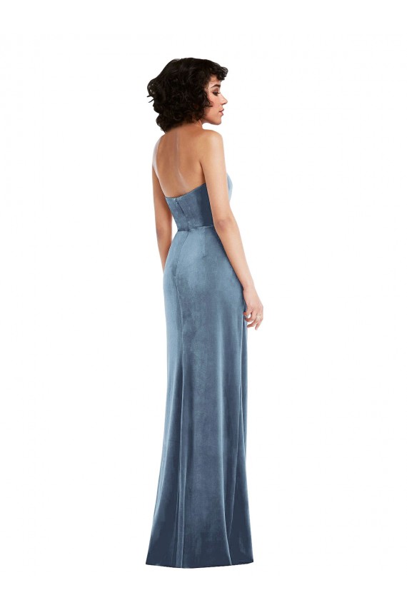 Sheath Strapless Stretch Velvet Long Dusty Blue Formal Evening Gown / Prom Dress / Bridesmaid Dress Barrie
