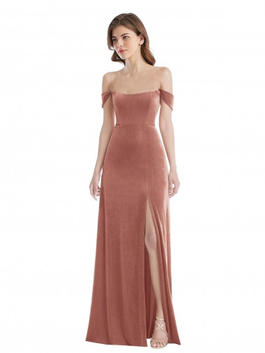 A-Line Off the Shoulder Stretch Velvet Long Cinnamon Rose Semi Formal Evening Dress / Prom Dress / Bridesmaid Dress Barrie