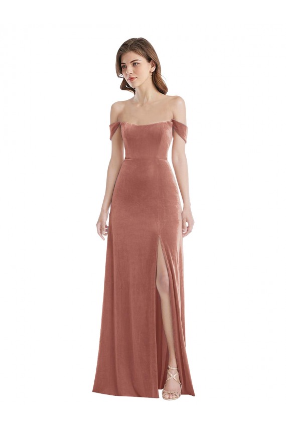 A-Line Off the Shoulder Stretch Velvet Long Cinnamon Rose Semi Formal Evening Dress / Prom Dress / Bridesmaid Dress Barrie