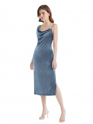 Sheath One Shoulder Stretch Velvet Long Dusty Blue Semi Formal Evening Dress / Prom Dress / Bridesmaid Dress Barrie