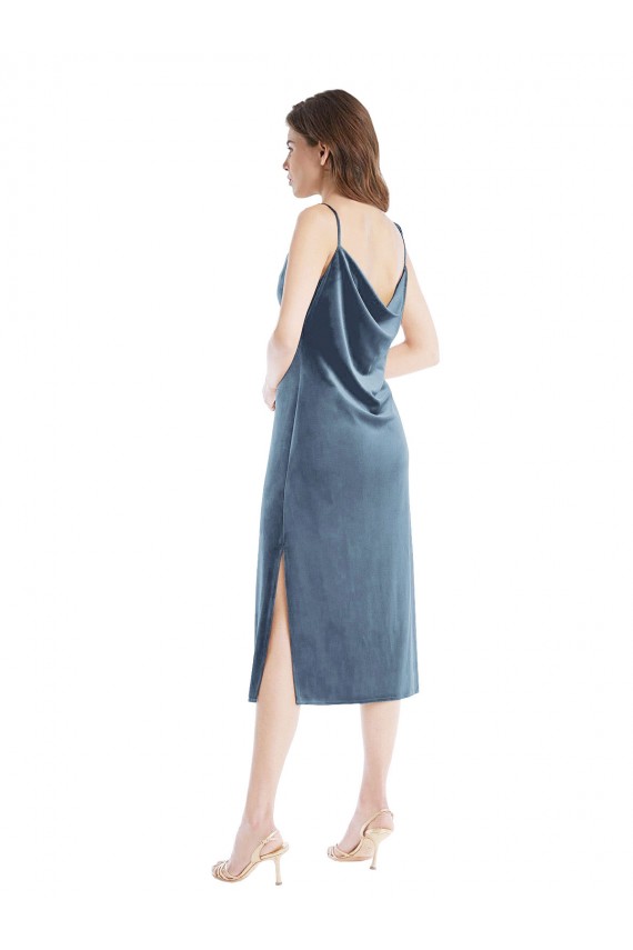 Sheath One Shoulder Stretch Velvet Long Dusty Blue Semi Formal Evening Dress / Prom Dress / Bridesmaid Dress Barrie