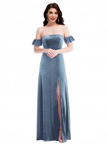 A-Line Off the Shoulder Stretch Velvet Long Dusty Blue Formal Dress / Bridesmaid Dress Barrie