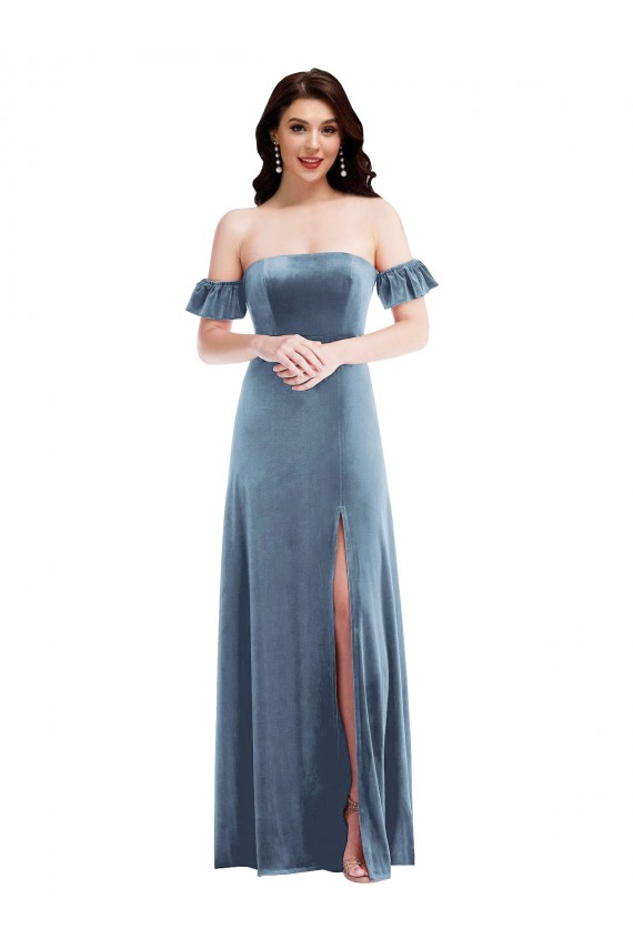 A-Line Off the Shoulder Stretch Velvet Long Dusty Blue Formal Dress / Bridesmaid Dress Barrie