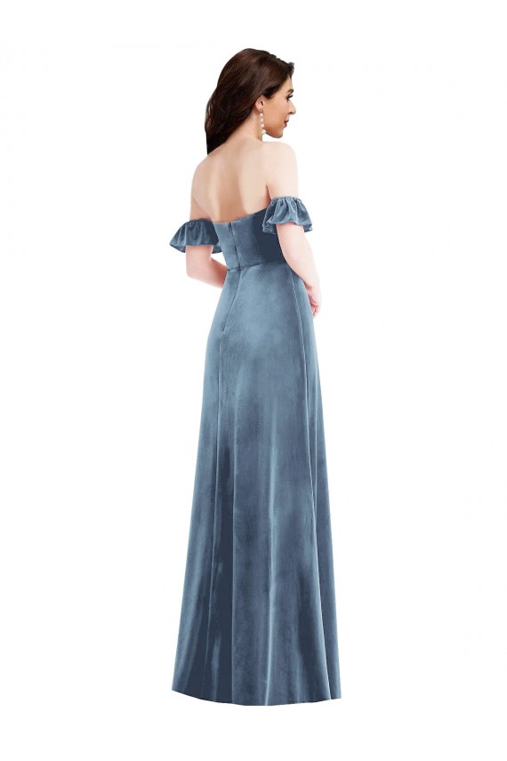 A-Line Off the Shoulder Stretch Velvet Long Dusty Blue Formal Dress / Bridesmaid Dress Barrie