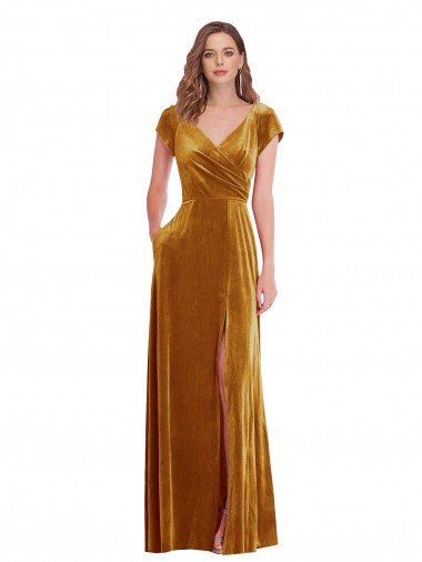 Sheath V-Neck Stretch Velvet Long Gold Formal Evening Gown / Prom Dress / Bridesmaid Dress Barrie