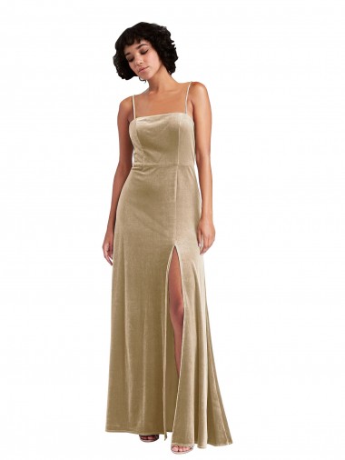 A-Line Square Neck Stretch Velvet Long Champagne Formal Evening Gown / Prom Dress / Bridesmaid Dress Barrie