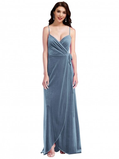 A-Line Sweetheart Stretch Velvet Long Dusty Blue Semi Formal Evening Dress / Prom Dress / Bridesmaid Dress Barrie