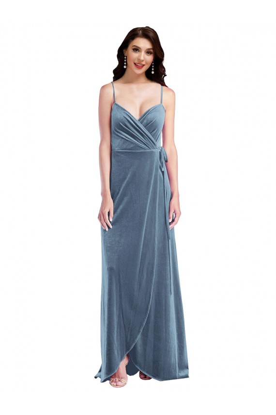 A-Line Sweetheart Stretch Velvet Long Dusty Blue Semi Formal Evening Dress / Prom Dress / Bridesmaid Dress Barrie