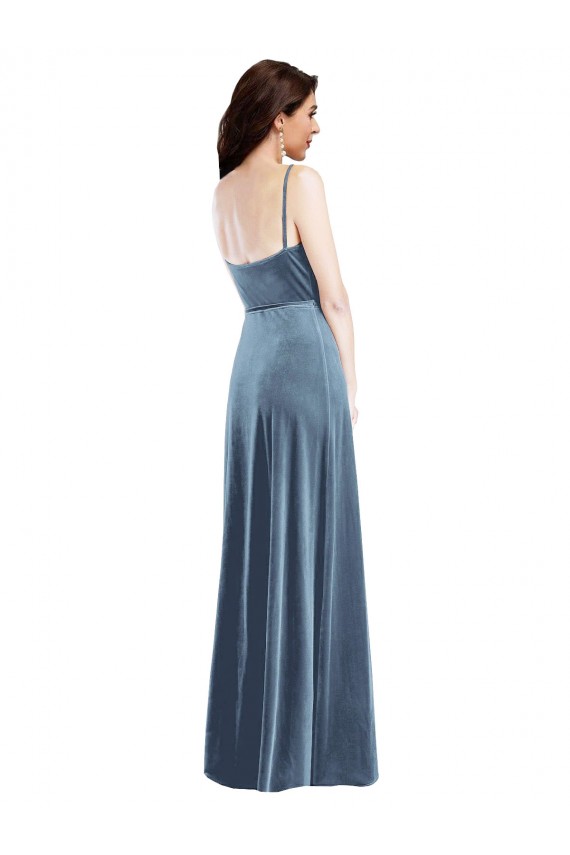 A-Line Sweetheart Stretch Velvet Long Dusty Blue Semi Formal Evening Dress / Prom Dress / Bridesmaid Dress Barrie