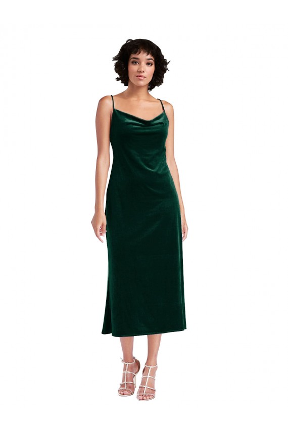 Sheath Cowl Neck Stretch Velvet Midi Length Dark Green Black Tie Evening Gown / Prom Dress / Bridesmaid Dress Barrie