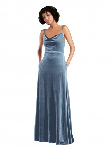 Sheath Cowl Neck Stretch Velvet Long Dusty Blue Semi Formal Evening Dress / Prom Dress / Bridesmaid Dress Barrie