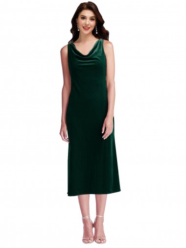 Sheath Cowl Neck Stretch Velvet Midi Length Dark Green Evening Gown / Prom Dress / Bridesmaid Dress Barrie
