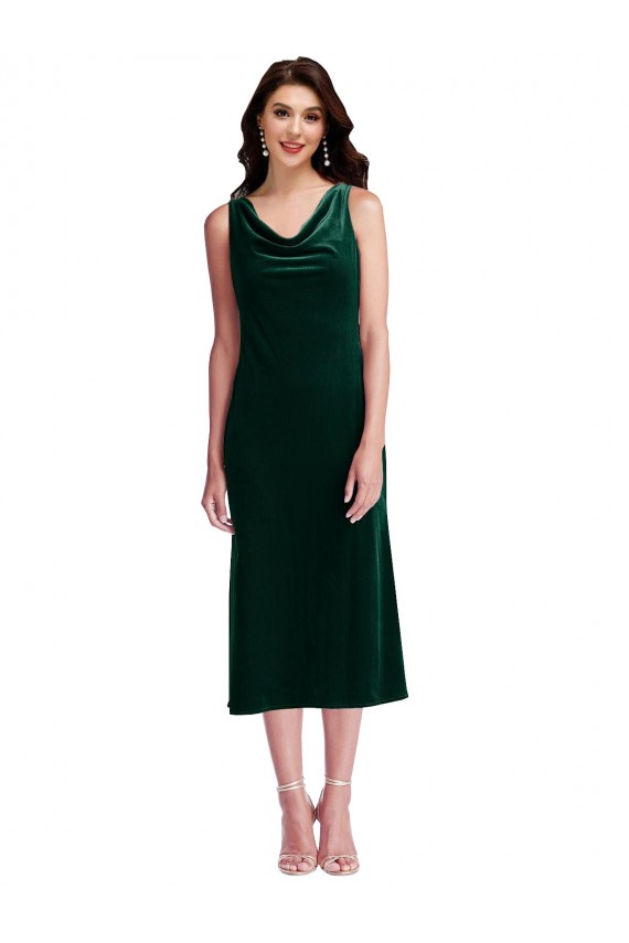 Sheath Cowl Neck Stretch Velvet Midi Length Dark Green Evening Gown / Prom Dress / Bridesmaid Dress Barrie